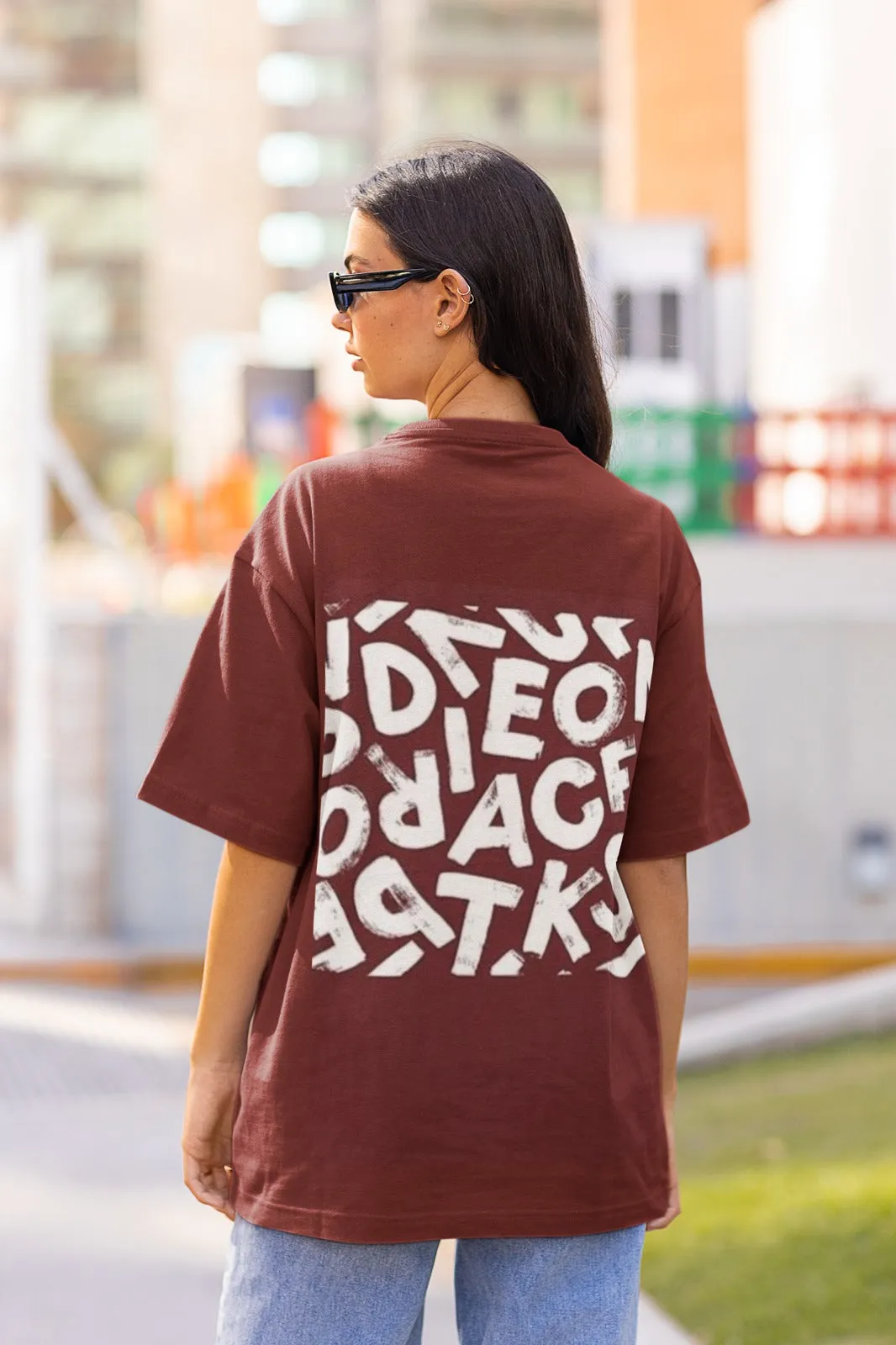 ANGAR Cotton Drop Shoulder Half Sleeves Oversized Fit ABSTRACT Printed T-Shirt for Women