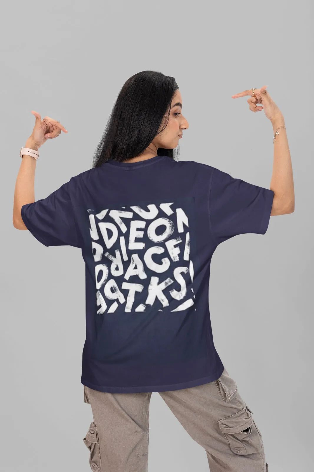 ANGAR Cotton Drop Shoulder Half Sleeves Oversized Fit ABSTRACT Printed T-Shirt for Women