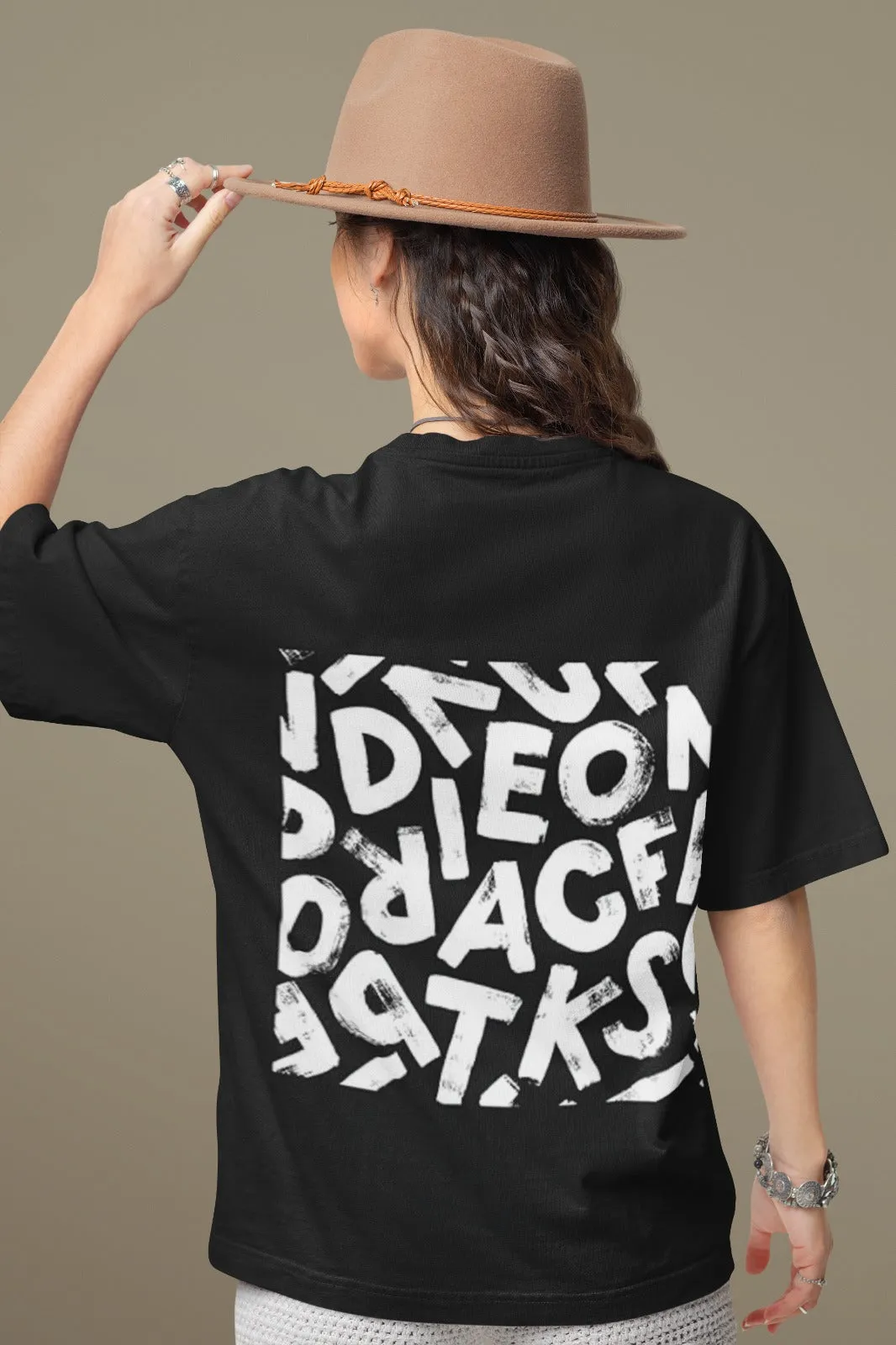 ANGAR Cotton Drop Shoulder Half Sleeves Oversized Fit ABSTRACT Printed T-Shirt for Women