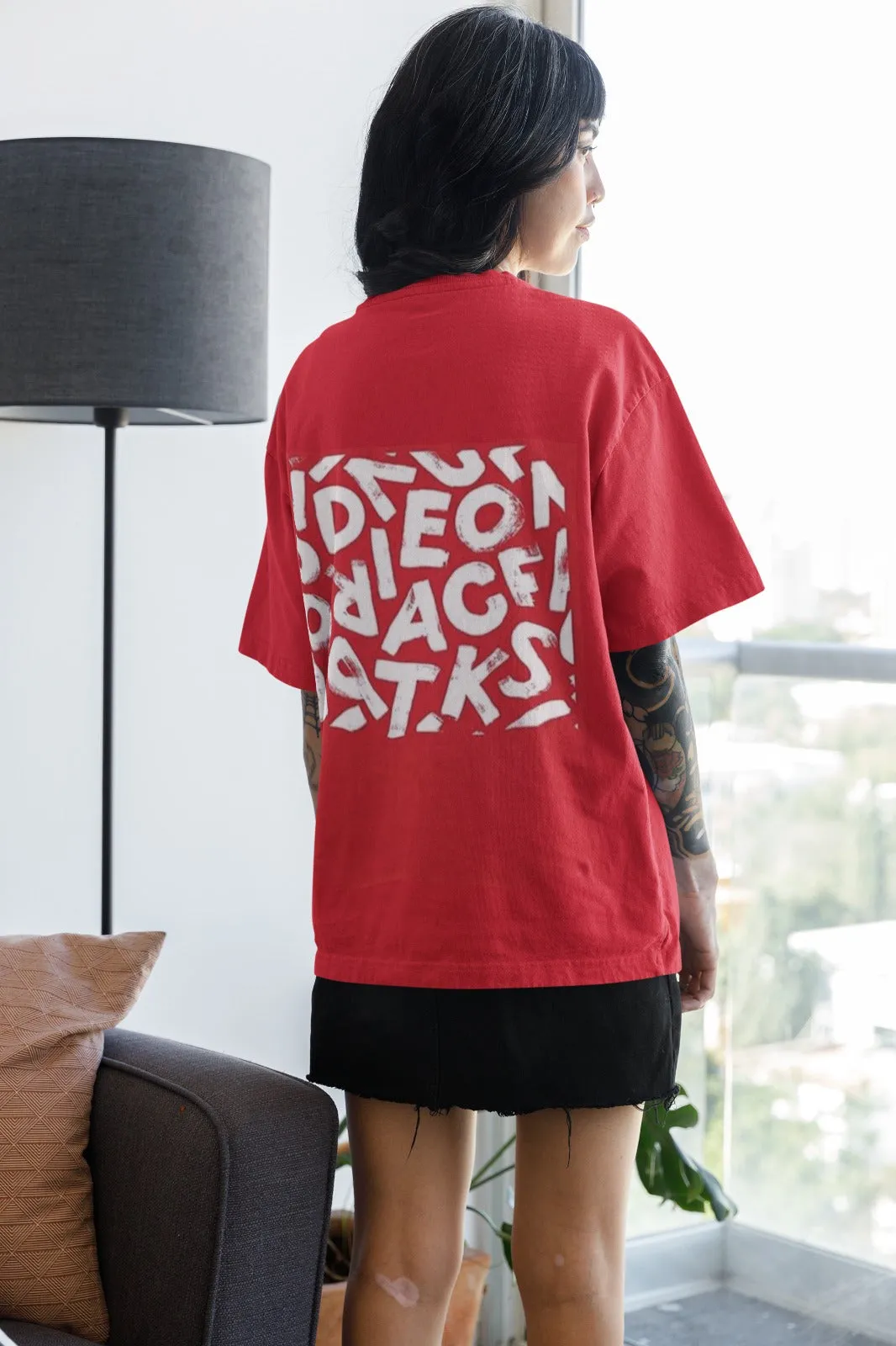 ANGAR Cotton Drop Shoulder Half Sleeves Oversized Fit ABSTRACT Printed T-Shirt for Women