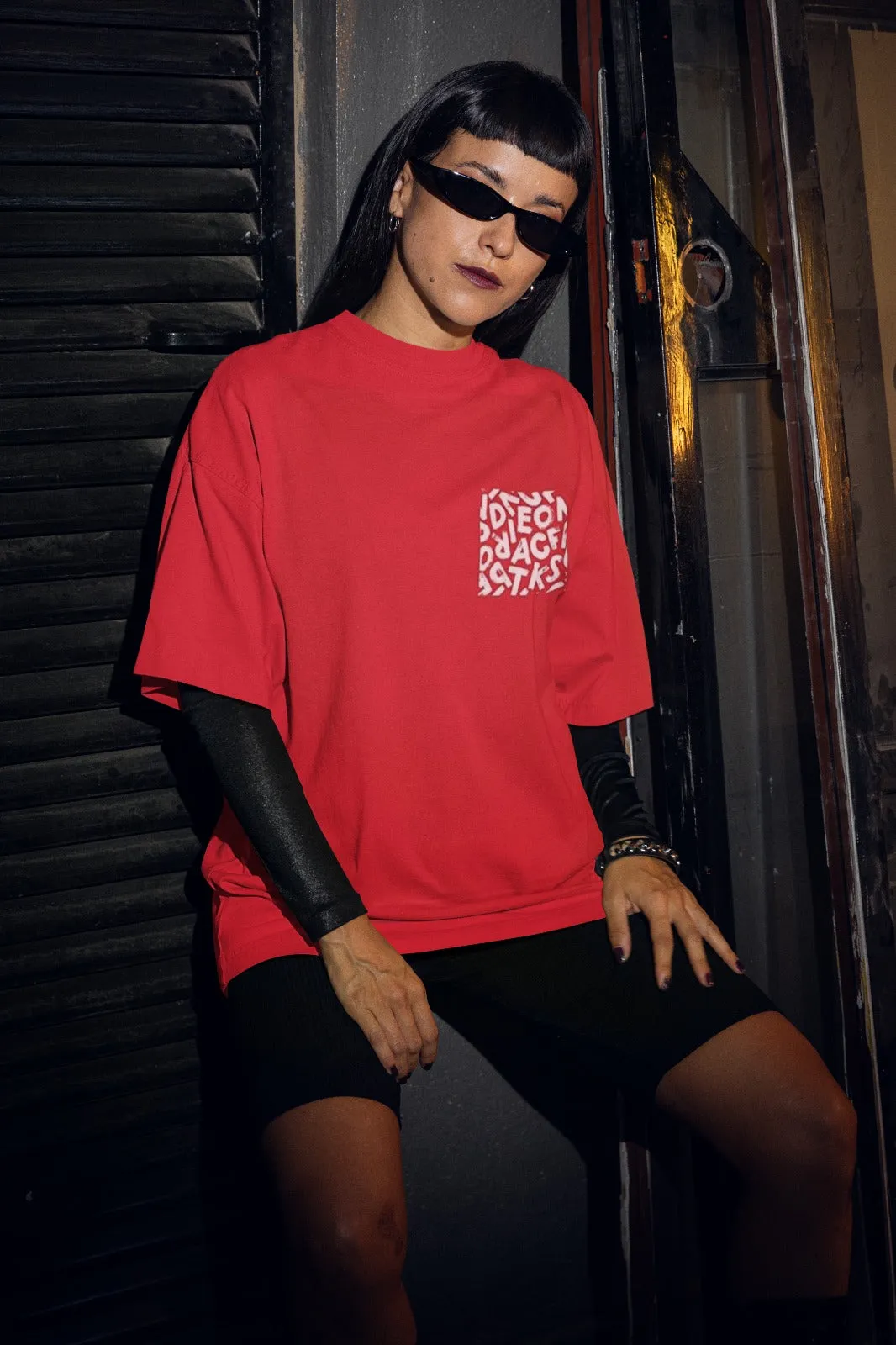 ANGAR Cotton Drop Shoulder Half Sleeves Oversized Fit ABSTRACT Printed T-Shirt for Women