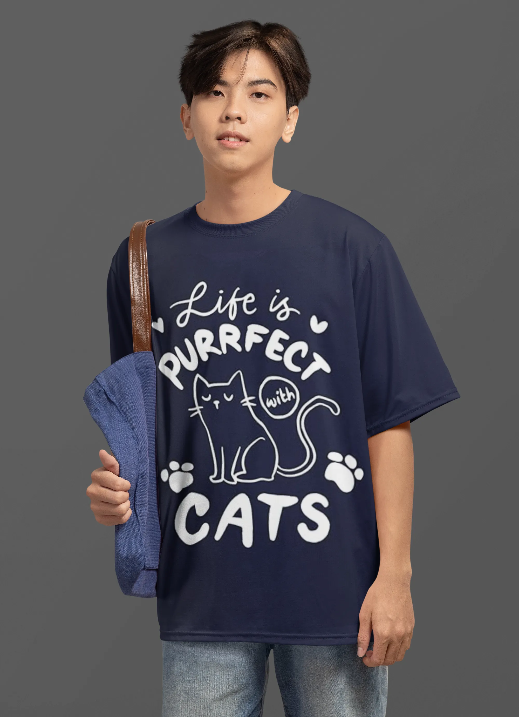 ANGAR Cotton Drop Shoulder Half Sleeves Oversized Fit CATS Printed T-Shirt for Men