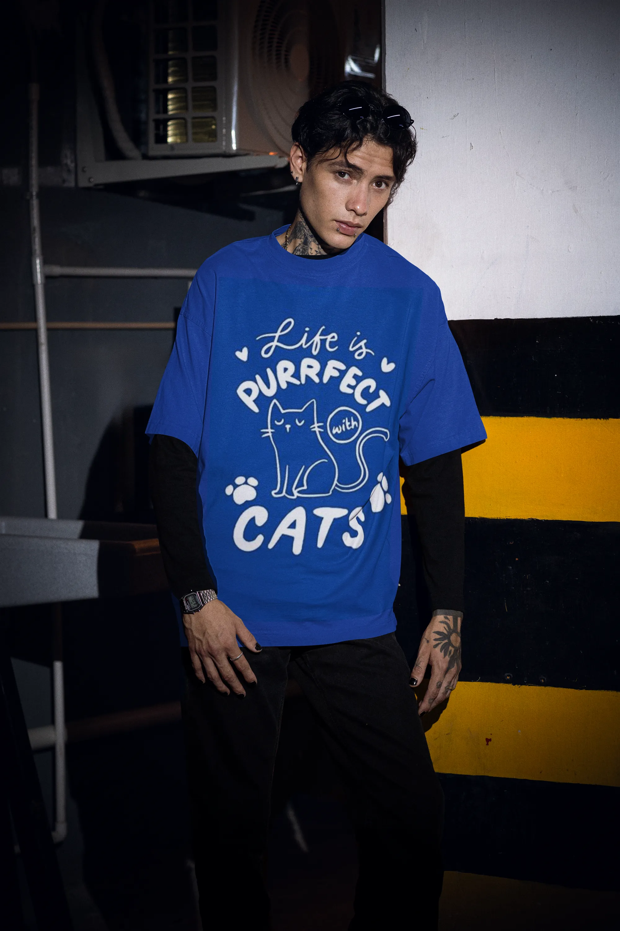 ANGAR Cotton Drop Shoulder Half Sleeves Oversized Fit CATS Printed T-Shirt for Men