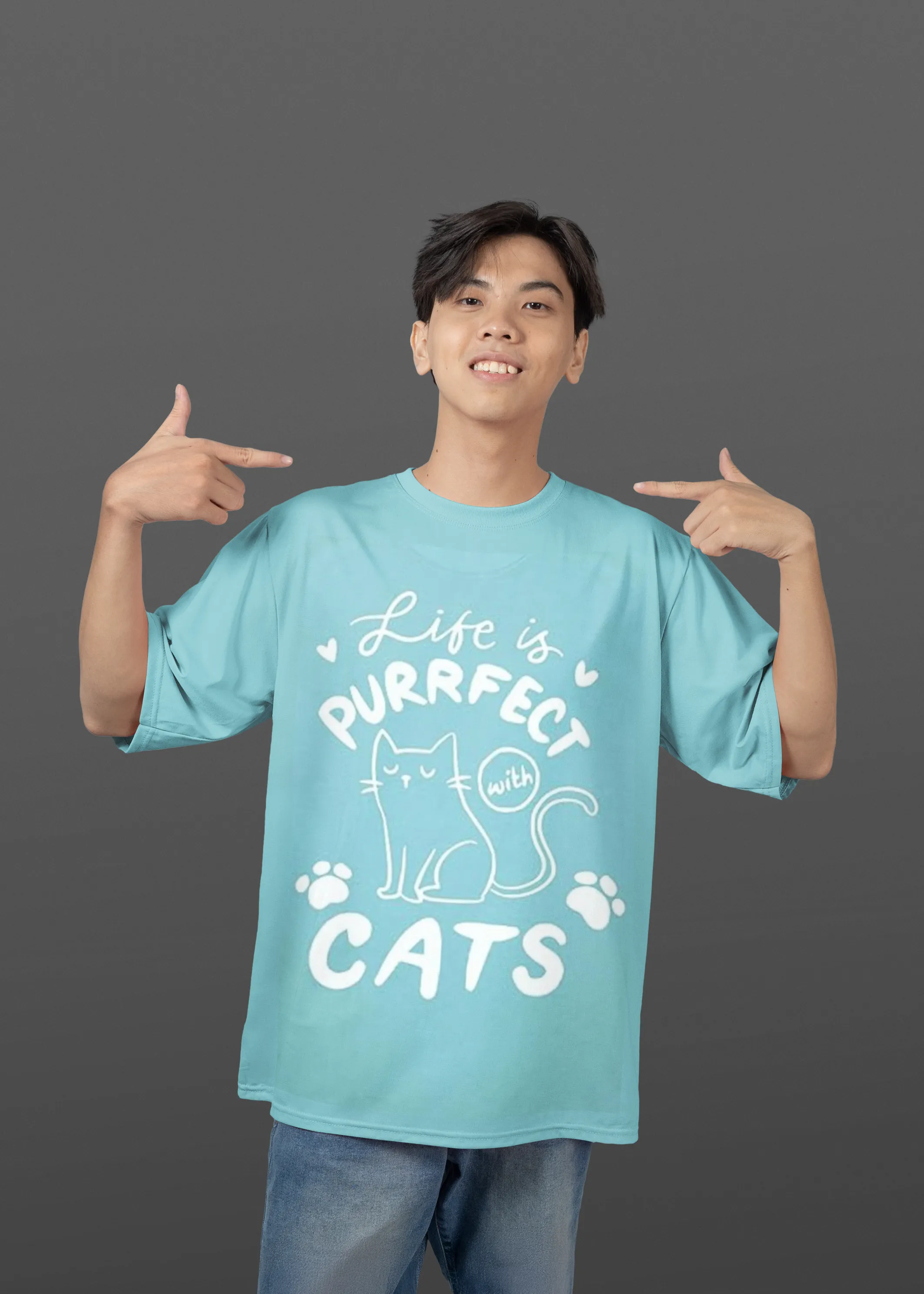 ANGAR Cotton Drop Shoulder Half Sleeves Oversized Fit CATS Printed T-Shirt for Men