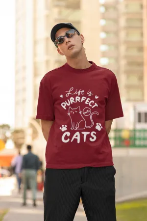 ANGAR Cotton Drop Shoulder Half Sleeves Oversized Fit CATS Printed T-Shirt for Men