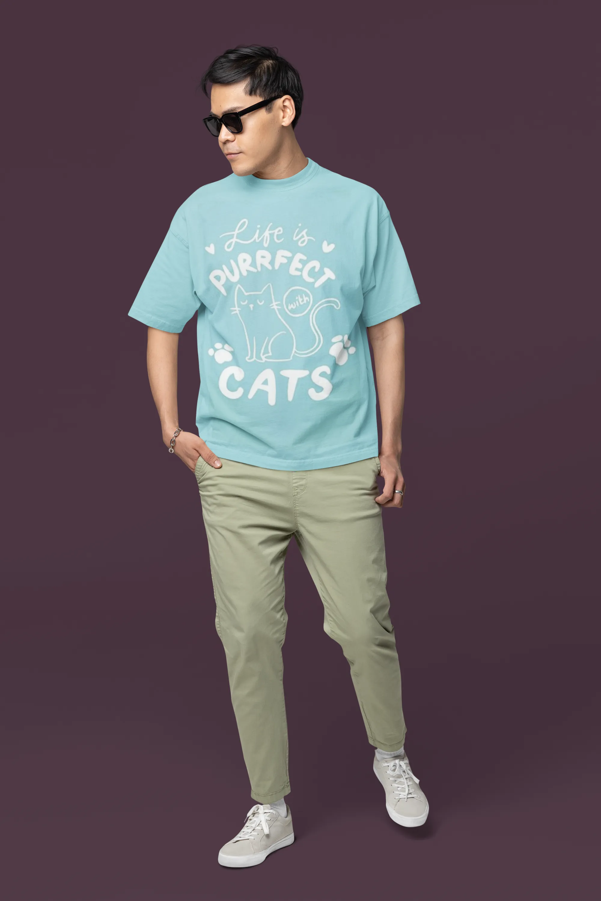 ANGAR Cotton Drop Shoulder Half Sleeves Oversized Fit CATS Printed T-Shirt for Men
