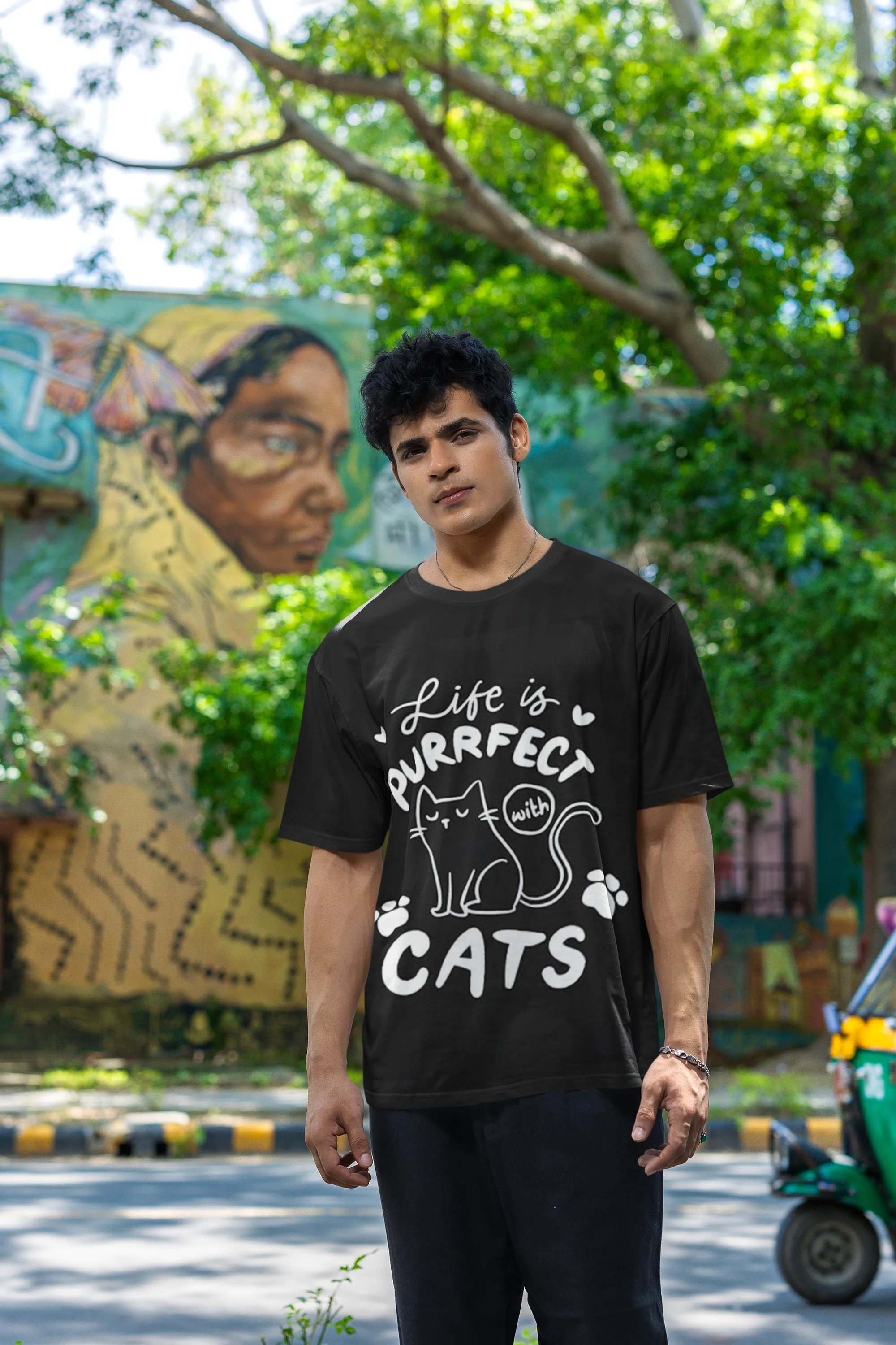 ANGAR Cotton Drop Shoulder Half Sleeves Oversized Fit CATS Printed T-Shirt for Men