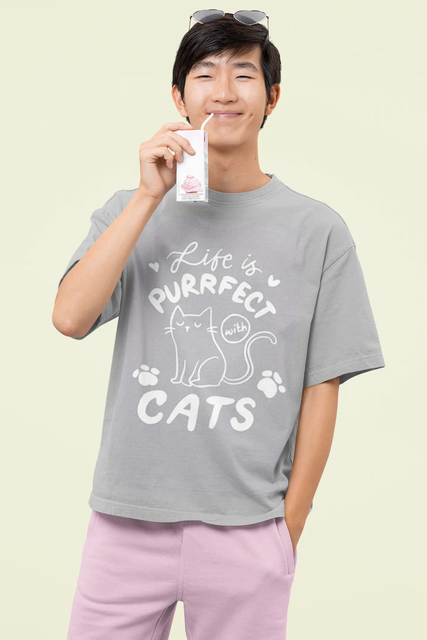 ANGAR Cotton Drop Shoulder Half Sleeves Oversized Fit CATS Printed T-Shirt for Men