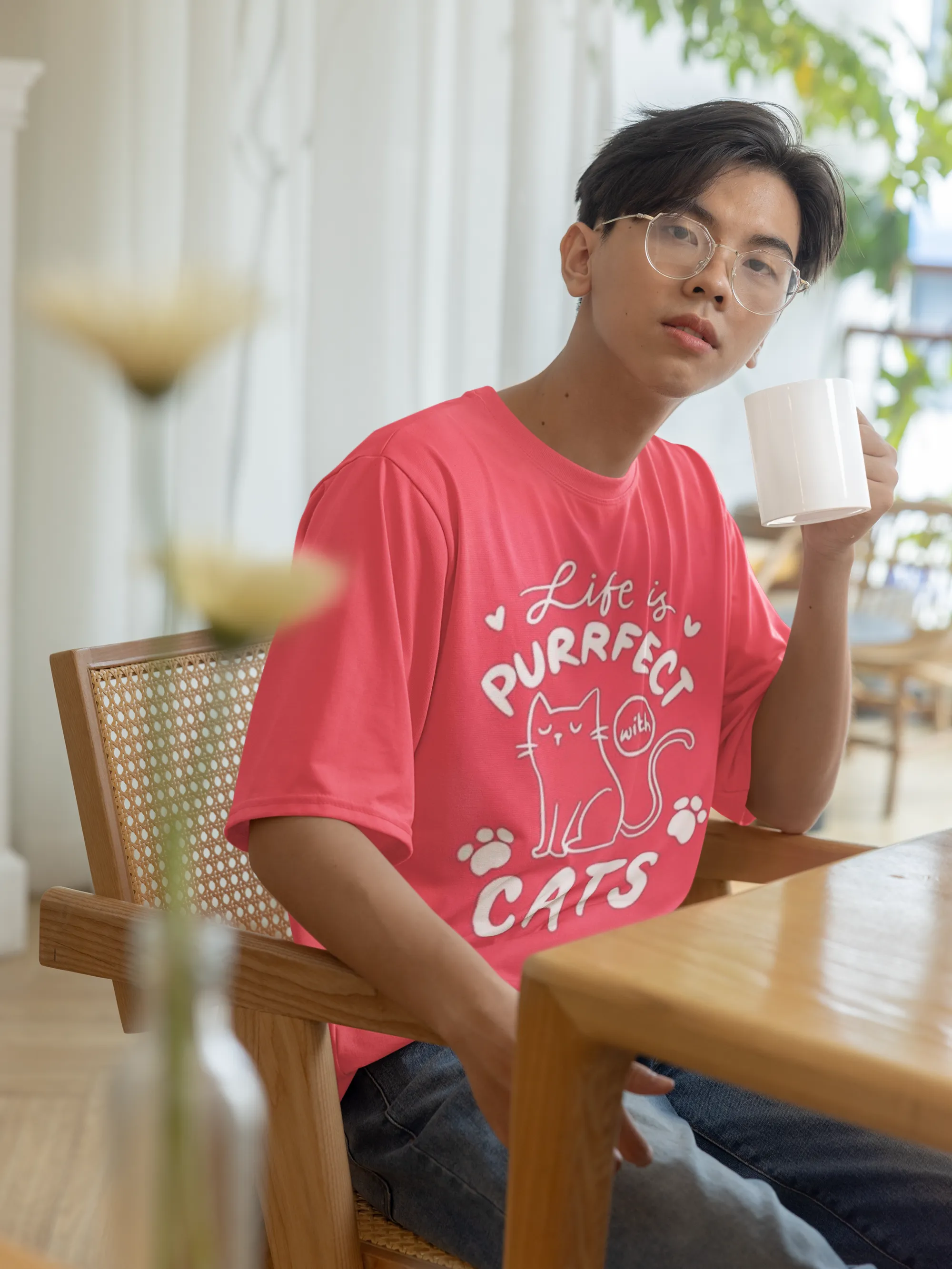 ANGAR Cotton Drop Shoulder Half Sleeves Oversized Fit CATS Printed T-Shirt for Men