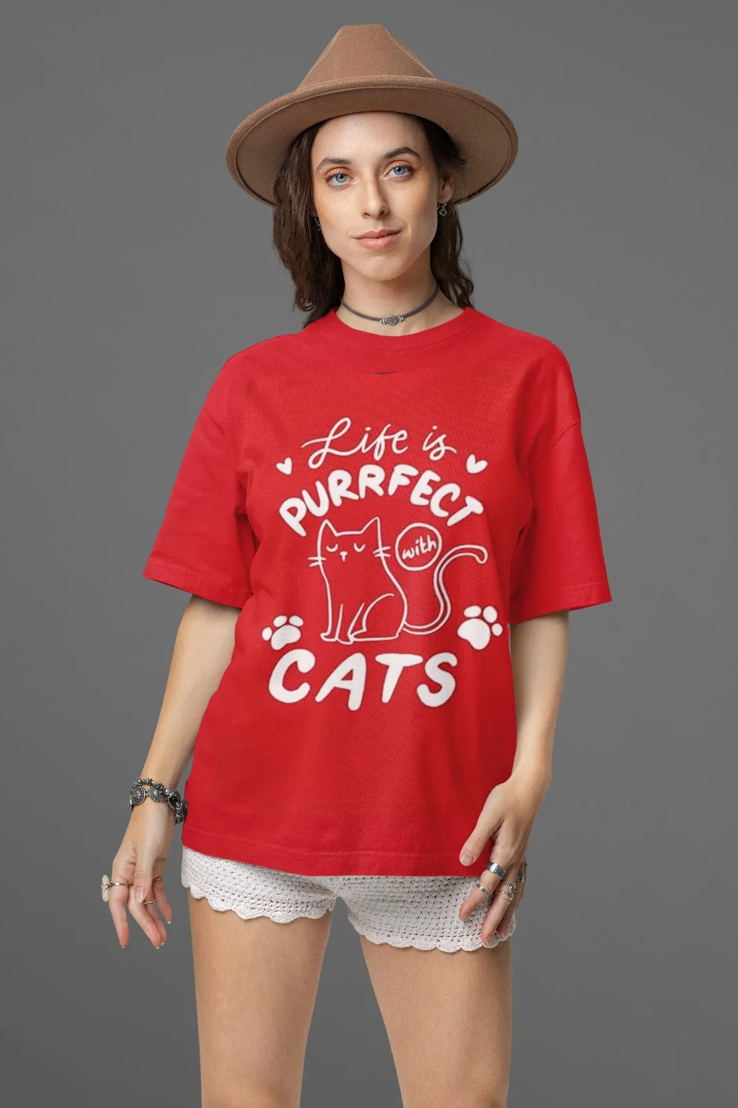 ANGAR Cotton Drop Shoulder Half Sleeves Oversized Fit CATS Printed T-Shirt for Women