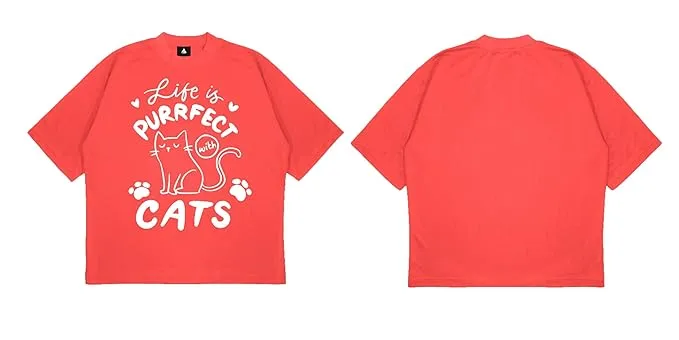 ANGAR Cotton Drop Shoulder Half Sleeves Oversized Fit CATS Printed T-Shirt for Women