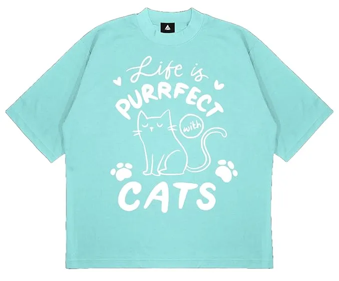 ANGAR Cotton Drop Shoulder Half Sleeves Oversized Fit CATS Printed T-Shirt for Women