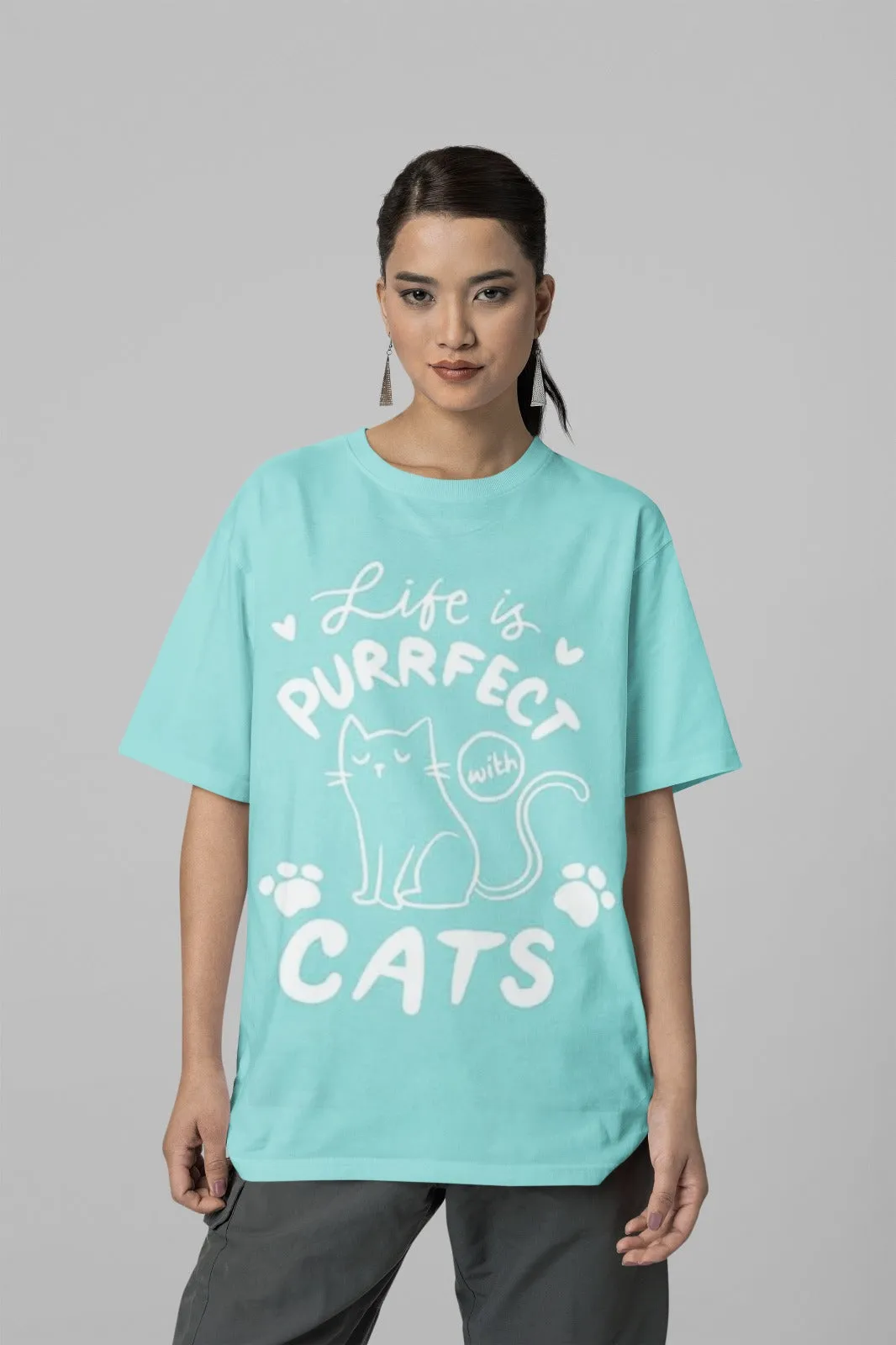 ANGAR Cotton Drop Shoulder Half Sleeves Oversized Fit CATS Printed T-Shirt for Women