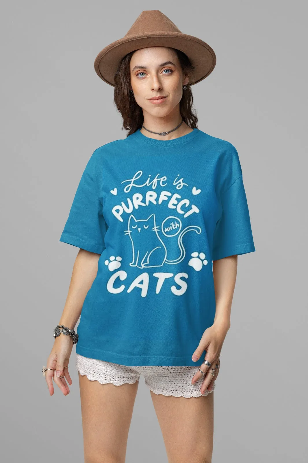 ANGAR Cotton Drop Shoulder Half Sleeves Oversized Fit CATS Printed T-Shirt for Women