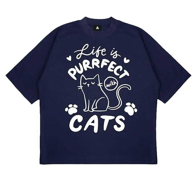ANGAR Cotton Drop Shoulder Half Sleeves Oversized Fit CATS Printed T-Shirt for Women