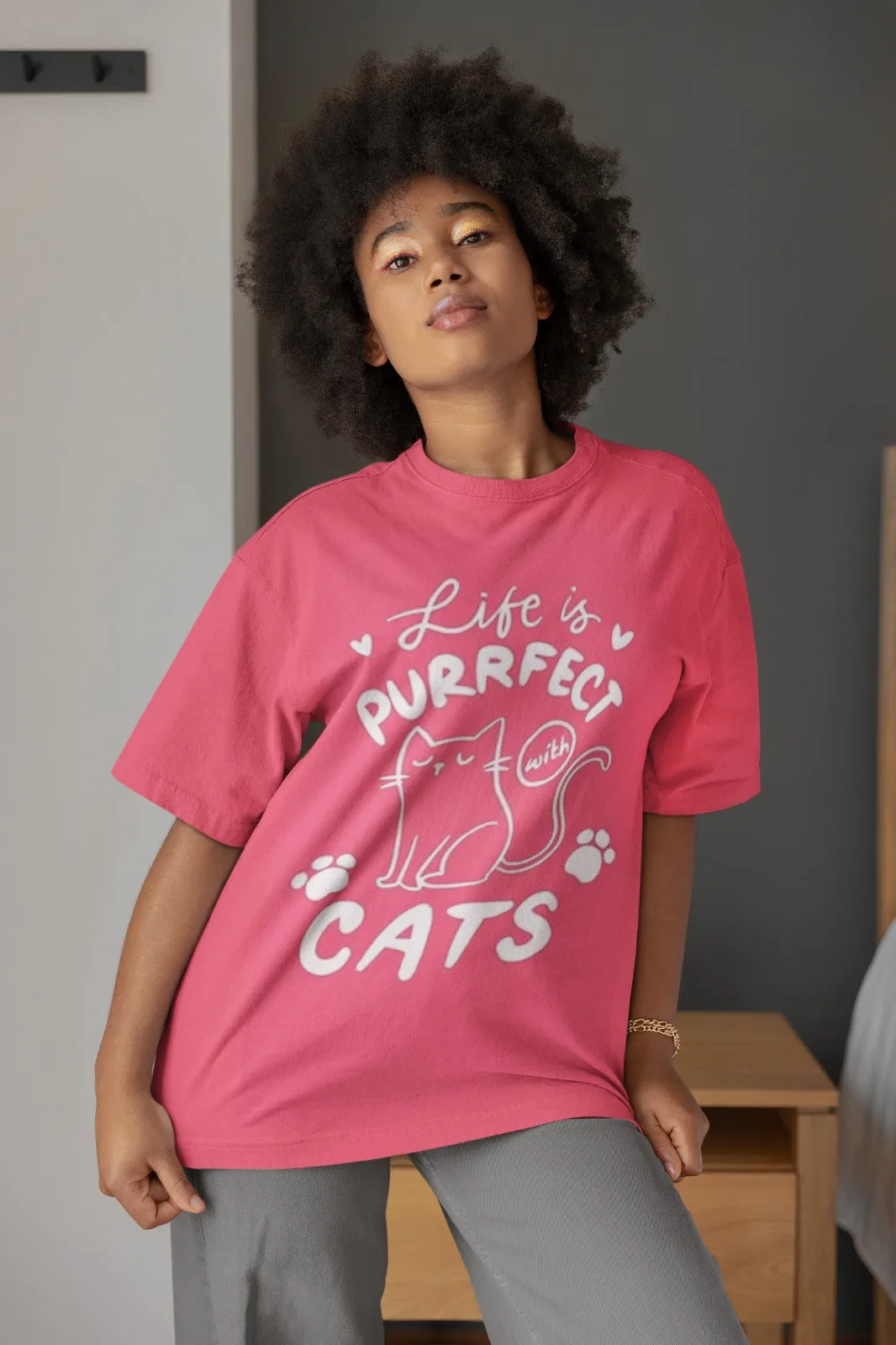 ANGAR Cotton Drop Shoulder Half Sleeves Oversized Fit CATS Printed T-Shirt for Women