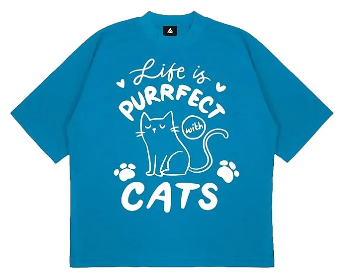 ANGAR Cotton Drop Shoulder Half Sleeves Oversized Fit CATS Printed T-Shirt for Women