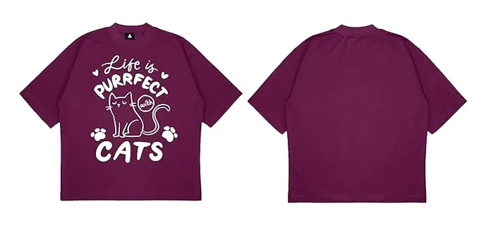 ANGAR Cotton Drop Shoulder Half Sleeves Oversized Fit CATS Printed T-Shirt for Women