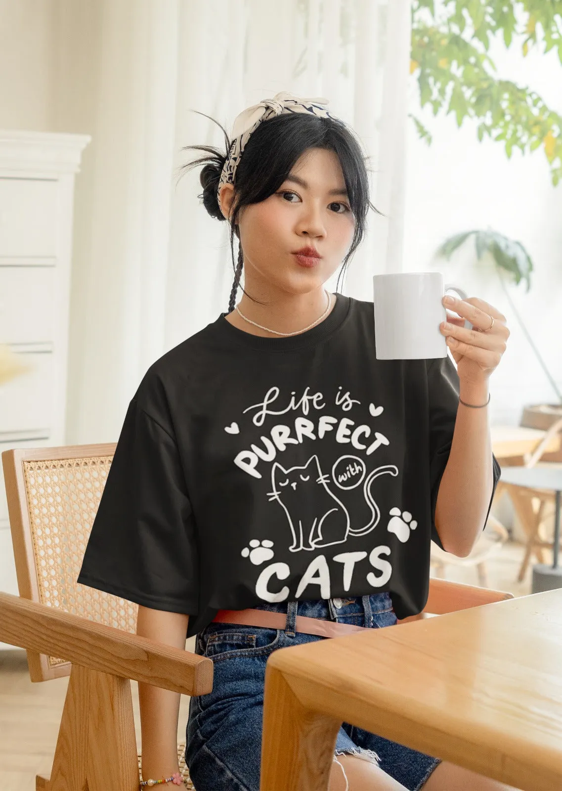 ANGAR Cotton Drop Shoulder Half Sleeves Oversized Fit CATS Printed T-Shirt for Women