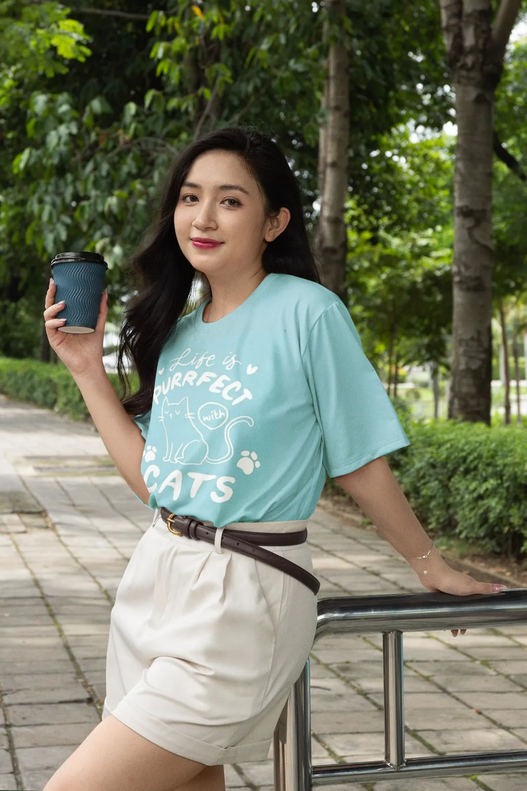 ANGAR Cotton Drop Shoulder Half Sleeves Oversized Fit CATS Printed T-Shirt for Women