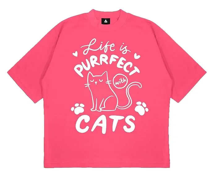 ANGAR Cotton Drop Shoulder Half Sleeves Oversized Fit CATS Printed T-Shirt for Women
