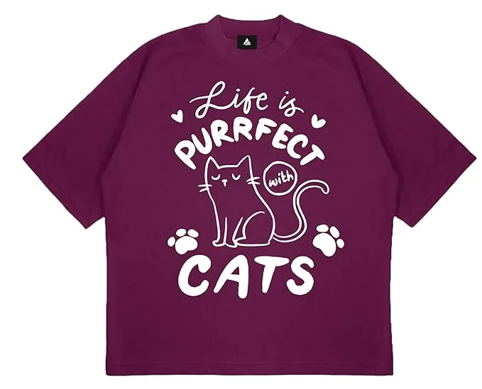 ANGAR Cotton Drop Shoulder Half Sleeves Oversized Fit CATS Printed T-Shirt for Women