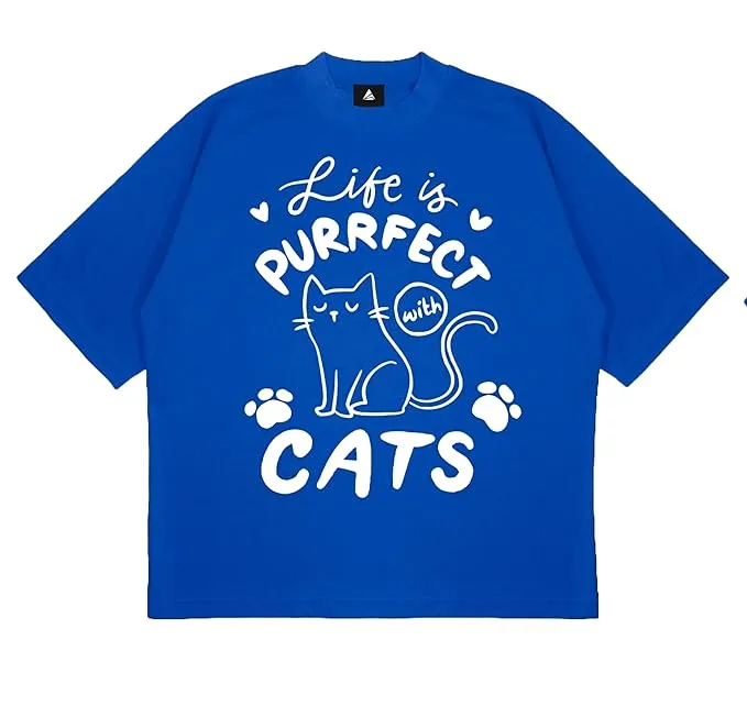 ANGAR Cotton Drop Shoulder Half Sleeves Oversized Fit CATS Printed T-Shirt for Women