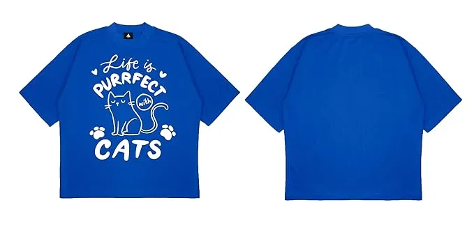 ANGAR Cotton Drop Shoulder Half Sleeves Oversized Fit CATS Printed T-Shirt for Women