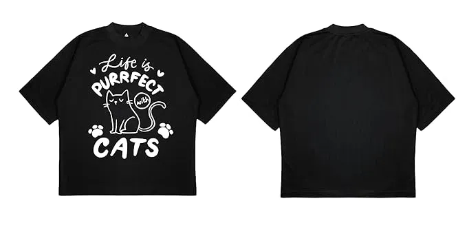 ANGAR Cotton Drop Shoulder Half Sleeves Oversized Fit CATS Printed T-Shirt for Women