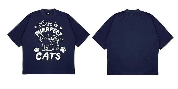 ANGAR Cotton Drop Shoulder Half Sleeves Oversized Fit CATS Printed T-Shirt for Women
