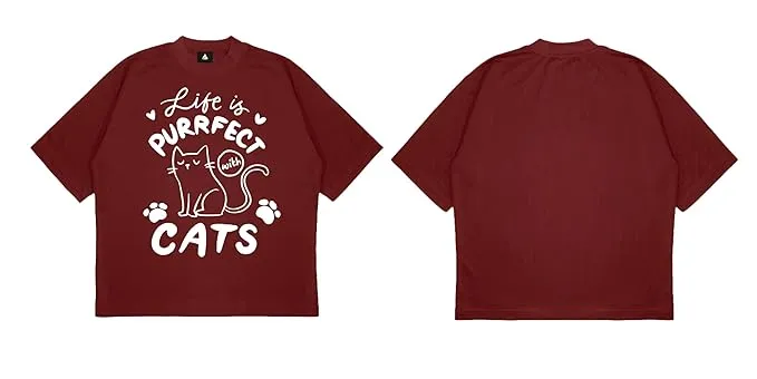 ANGAR Cotton Drop Shoulder Half Sleeves Oversized Fit CATS Printed T-Shirt for Women