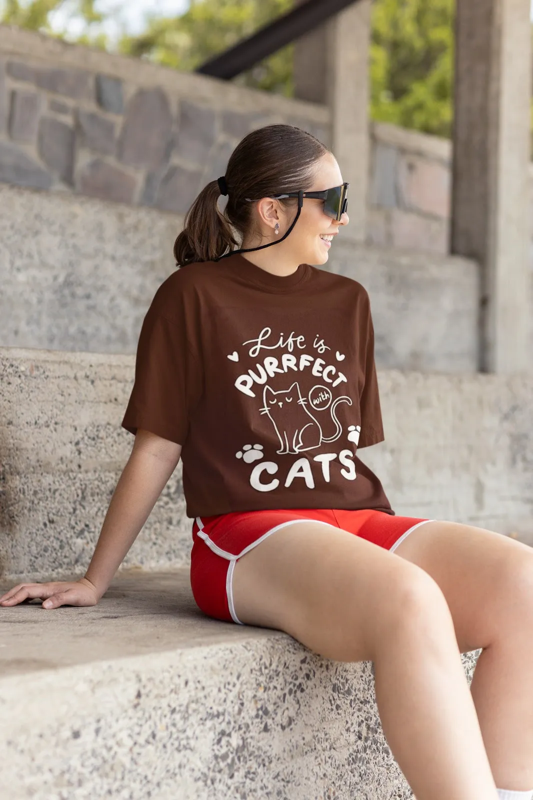 ANGAR Cotton Drop Shoulder Half Sleeves Oversized Fit CATS Printed T-Shirt for Women