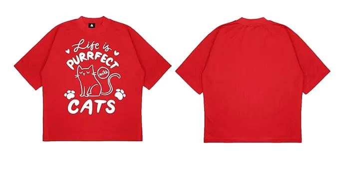 ANGAR Cotton Drop Shoulder Half Sleeves Oversized Fit CATS Printed T-Shirt for Women