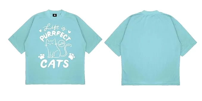 ANGAR Cotton Drop Shoulder Half Sleeves Oversized Fit CATS Printed T-Shirt for Women