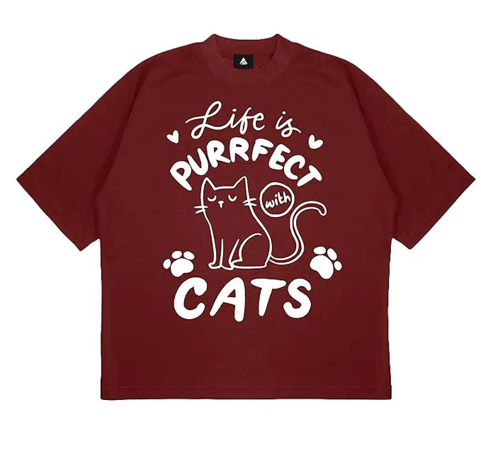ANGAR Cotton Drop Shoulder Half Sleeves Oversized Fit CATS Printed T-Shirt for Women