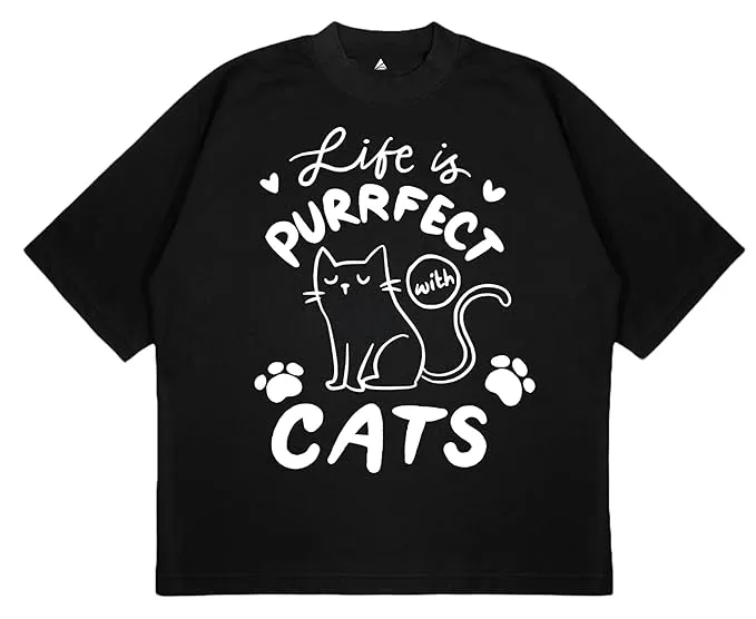 ANGAR Cotton Drop Shoulder Half Sleeves Oversized Fit CATS Printed T-Shirt for Women
