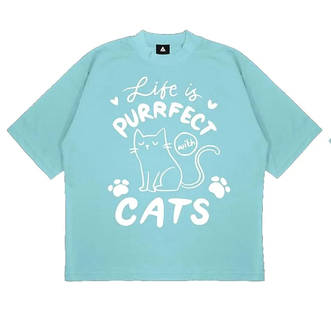 ANGAR Cotton Drop Shoulder Half Sleeves Oversized Fit CATS Printed T-Shirt for Women