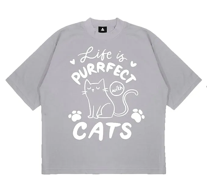 ANGAR Cotton Drop Shoulder Half Sleeves Oversized Fit CATS Printed T-Shirt for Women