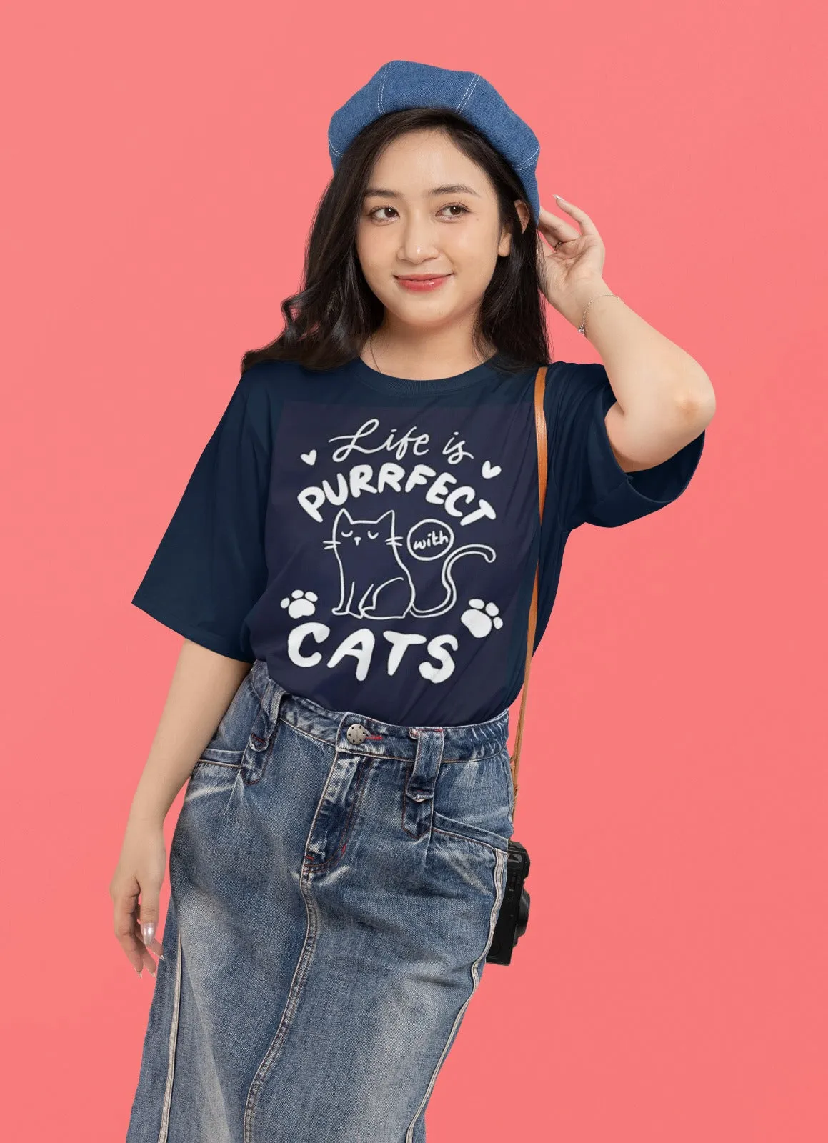 ANGAR Cotton Drop Shoulder Half Sleeves Oversized Fit CATS Printed T-Shirt for Women