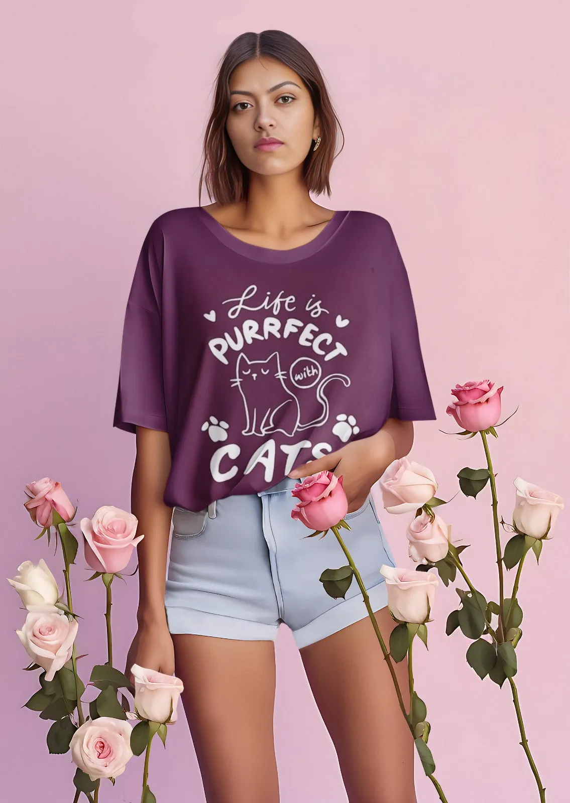 ANGAR Cotton Drop Shoulder Half Sleeves Oversized Fit CATS Printed T-Shirt for Women