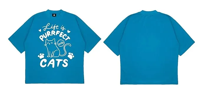 ANGAR Cotton Drop Shoulder Half Sleeves Oversized Fit CATS Printed T-Shirt for Women