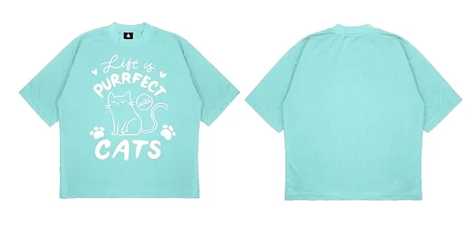 ANGAR Cotton Drop Shoulder Half Sleeves Oversized Fit CATS Printed T-Shirt for Women
