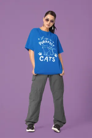 ANGAR Cotton Drop Shoulder Half Sleeves Oversized Fit CATS Printed T-Shirt for Women