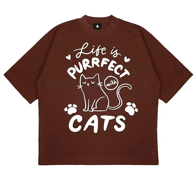 ANGAR Cotton Drop Shoulder Half Sleeves Oversized Fit CATS Printed T-Shirt for Women