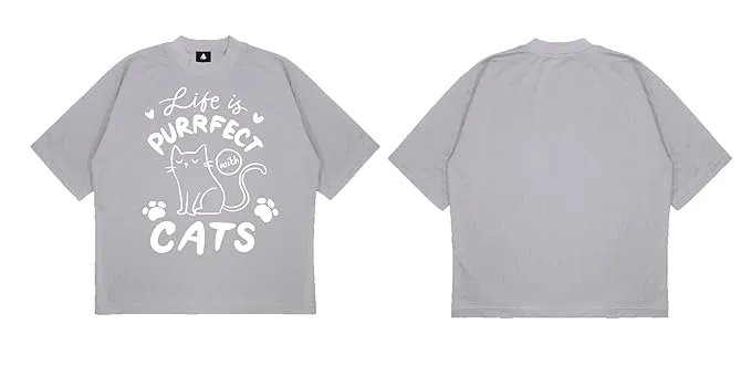 ANGAR Cotton Drop Shoulder Half Sleeves Oversized Fit CATS Printed T-Shirt for Women