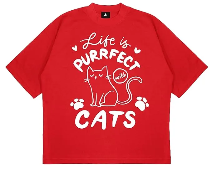 ANGAR Cotton Drop Shoulder Half Sleeves Oversized Fit CATS Printed T-Shirt for Women