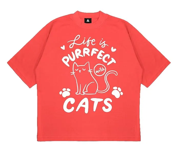 ANGAR Cotton Drop Shoulder Half Sleeves Oversized Fit CATS Printed T-Shirt for Women