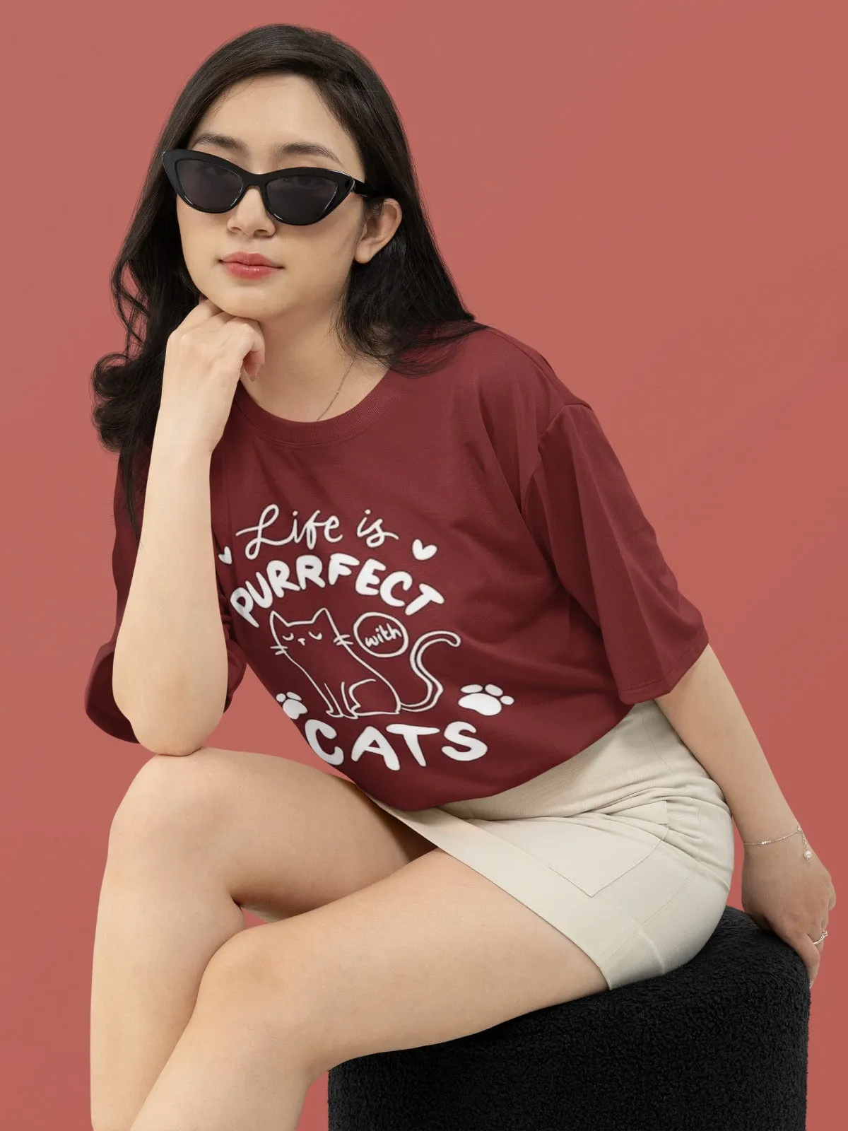 ANGAR Cotton Drop Shoulder Half Sleeves Oversized Fit CATS Printed T-Shirt for Women