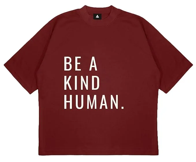ANGAR Cotton Drop Shoulder Half Sleeves Oversized Fit KIND HUMAN Printed T-Shirt for Men