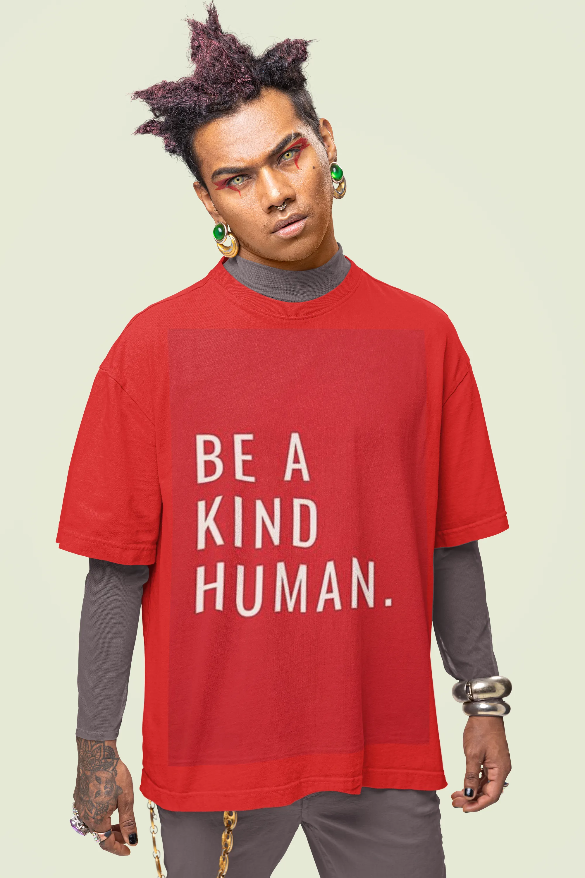 ANGAR Cotton Drop Shoulder Half Sleeves Oversized Fit KIND HUMAN Printed T-Shirt for Men